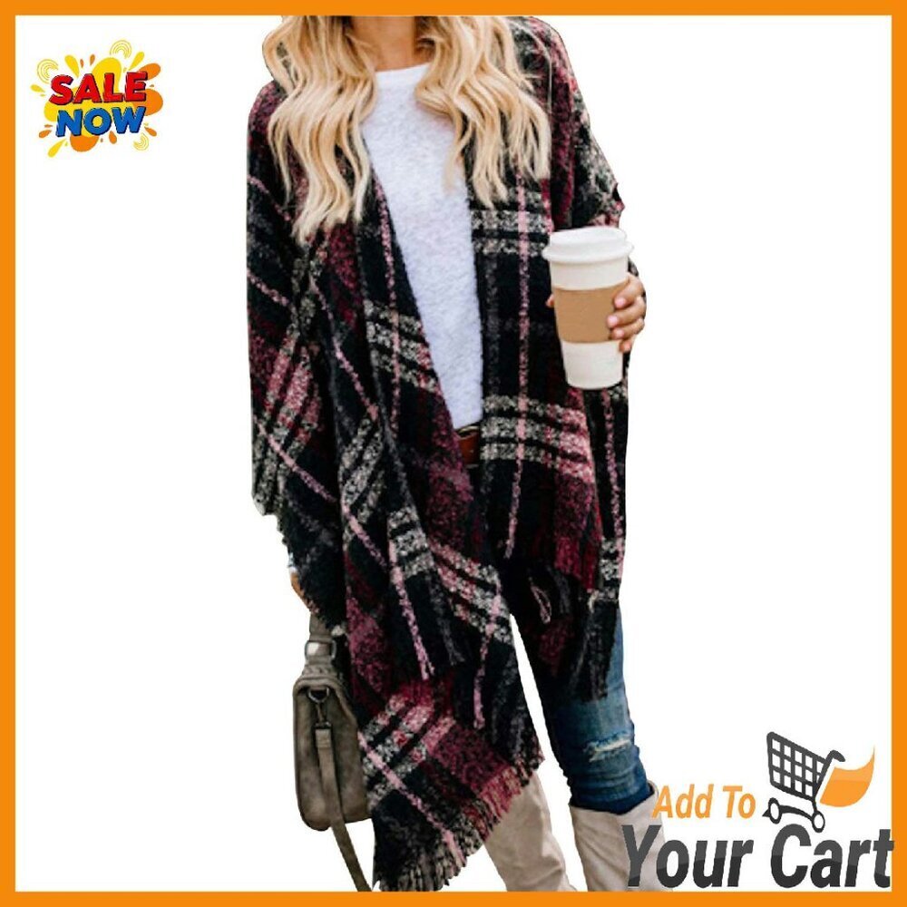 Boho Buffalo Plaid Poncho Shawl Wrap Cape Sweater Cardigan with Tassel